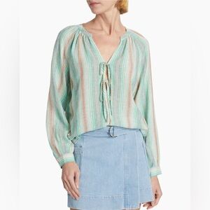 Rails Brielle Linen Top Green and White Tie Front Long Sleeve Blouse XXL NWT
